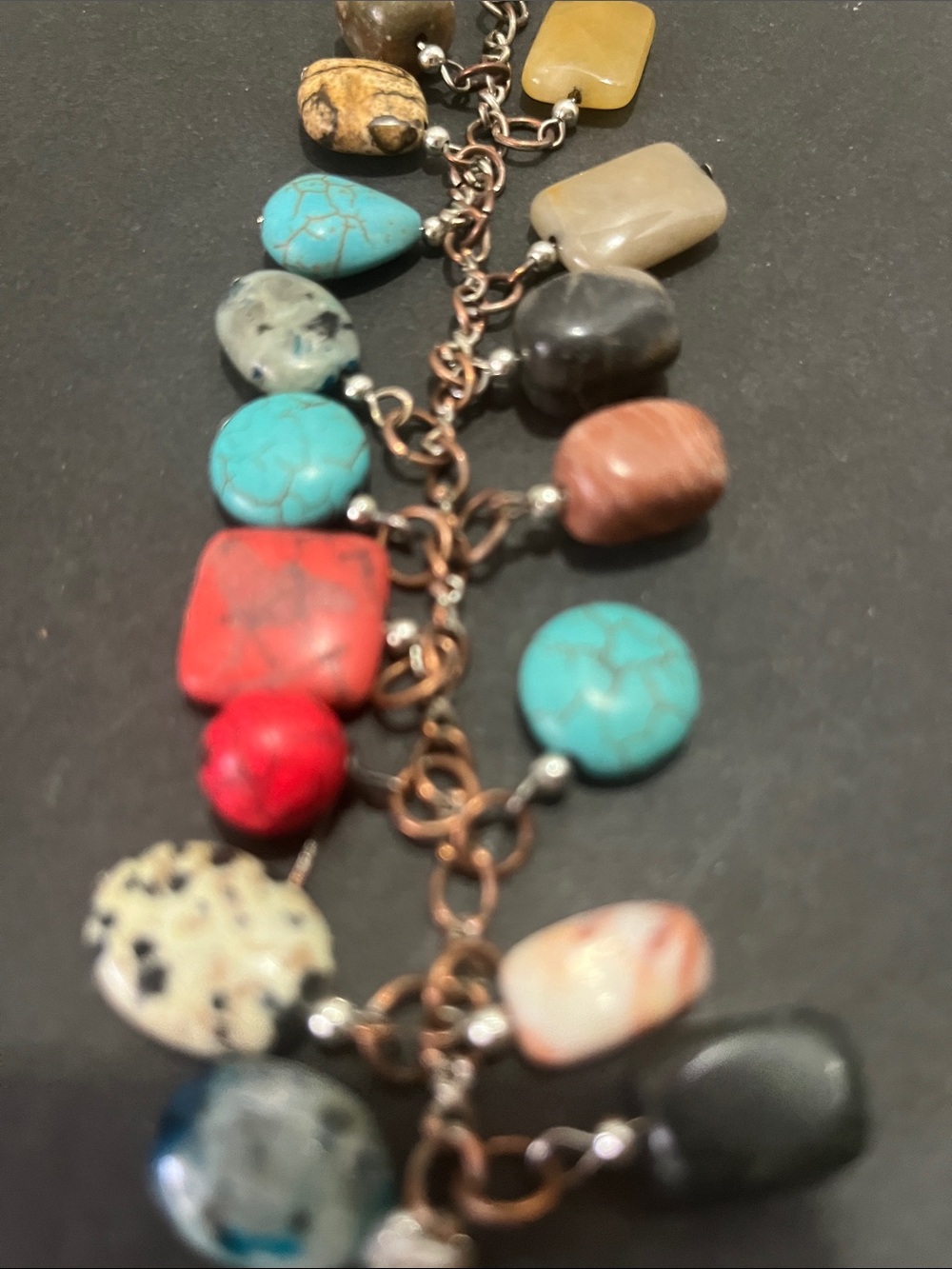 Multi-Stone Drop Charm Bracelet in Turquoise, Red, Black, and Neutral Tones - Picture 2 of 3